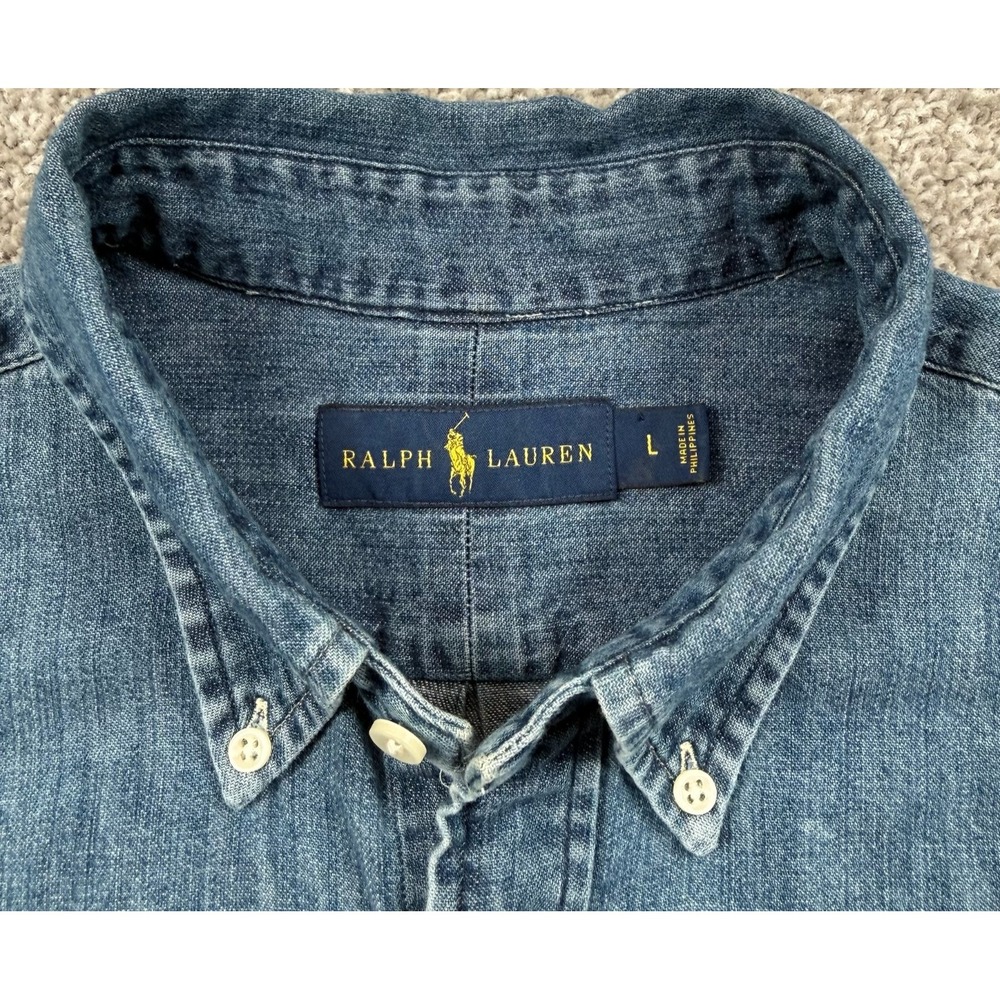 Polo Ralph Lauren Shirt Mens L Chambray Flesh Pony Button Down Blue - Picture 10 of 13